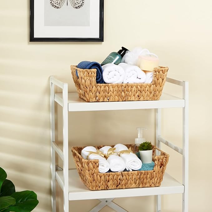 Water Hyacinth Wicker Basket 2 Pack With Handles - Pantry Storage and Organization, Handmade Large Natural Baskets for Organizing