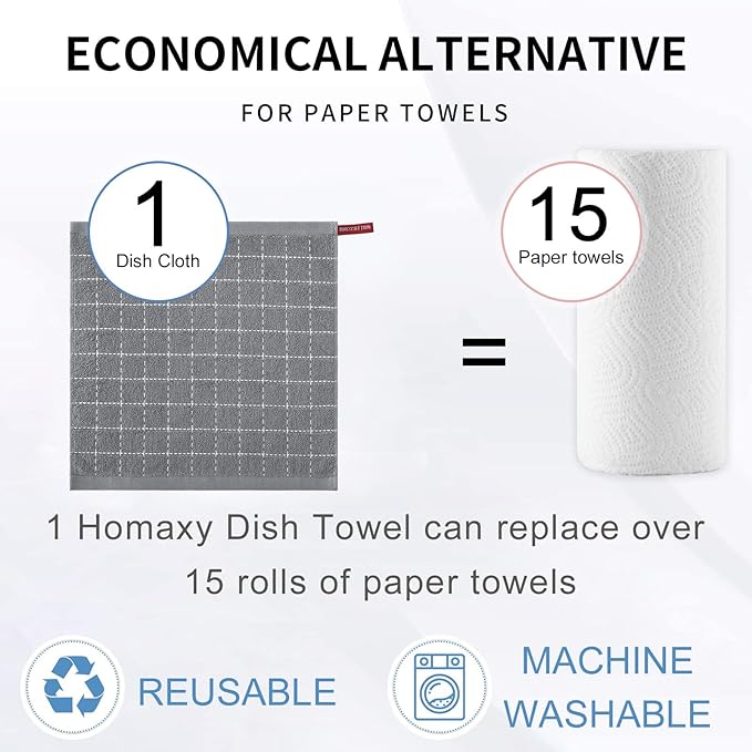 Homaxy 100% Cotton Terry Kitchen Dish Cloths, Ultra Soft and Absorbent Dish Towels for Kitchen, Suitable for Drying and Washing Dishes, 12 Pack, 12 x 12 Inches, Grey