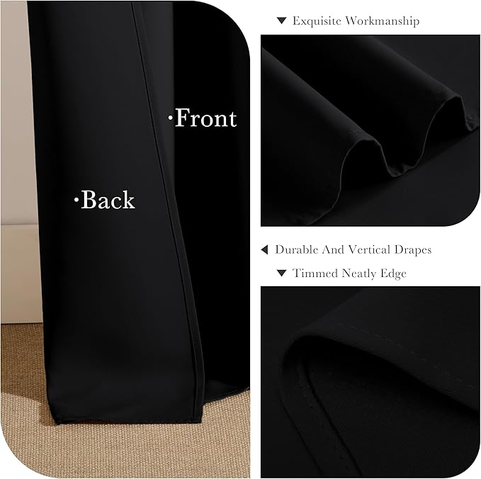 PONY DANCE Blackout Curtains for Bedroom - Noise Reductiong Window Drapes Room Darkening Thermal Insulated Curtains for Living Room/Dorways, 2 Panels, 55 x 94 inch, Black