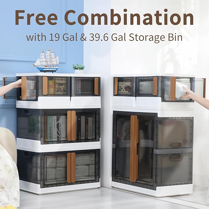 HAIXIN Closet Organizers and Storage, 4 Doors Opening Stackable Storage Box, 6.86 Gal Plastic Dorm Room Essentials, Folding Storage Container with Wheels, Cube Bins for Room Organizer, 3 Pack