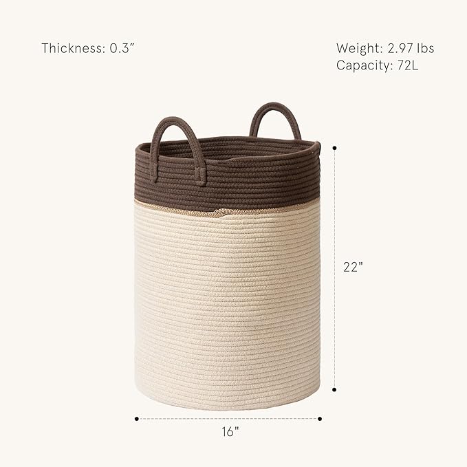 LA JOLIE MUSE Woven Basket Rope Storage Baskets - Tall Cotton Laundry Basket, Blanket, Kids Toy, Nursery Clothes Hamper, Oatmeal, 72 Litres