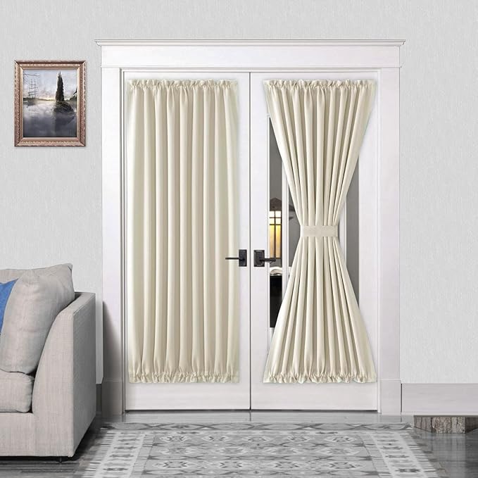 DWCN French Door Curtains – Rod Pocket Thermal Blackout Curtain for Doors with Glass Window, Kitchen and Patio Doors for Privacy, 54 X 72 Inches Long, 1 Curtain Panel with Tieback, Light Beige