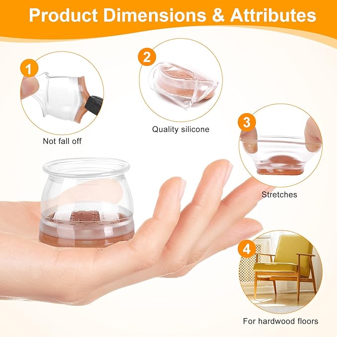 CHUNZEXI 24 Pack Chair Leg Floor Protectors for Hardwood Floors, Silicone Felt Covers Pads Caps, Protect Wood Furniture Feet Floors Noise Reduce and Scratch (Universal Large & Clear)
