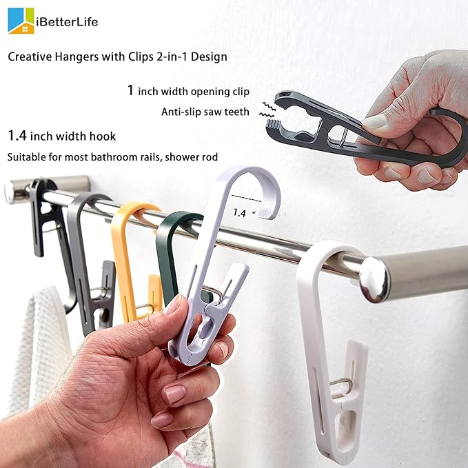 iBetterLife 4Pcs Laundry Hooks Clips Hanger - Laundry Clips with Hooks Heavy Duty Closet Organizer Clothes Pins Hanging Towel Clamps for Socks, Boot, Bras for Bathroom Wardrobe Kitchen