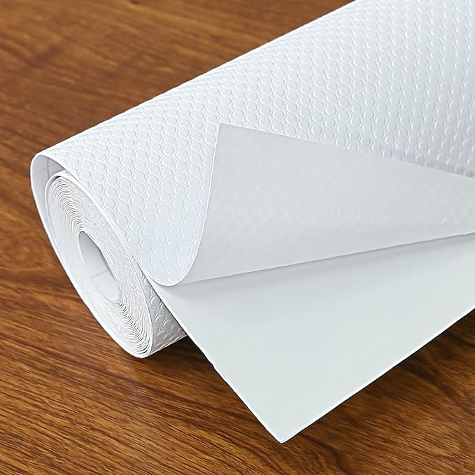 Shelf Liners 16 in x 20 ft Self-Adhesive EVA Drawer Mats, Cupboard Protector, Kitchen Cabinet Lining Fridge Liner (White Flat Dot, 40.7x610cm)
