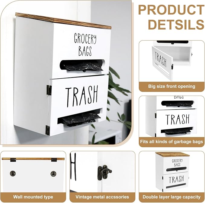 2 in 1 Trash Bag Dispenser, Double Wall Mounted,Wood Trash Bag Holder, used in kitchen, garage, laundry room, can store Environmentally friendly food bags and garbage bags (White)