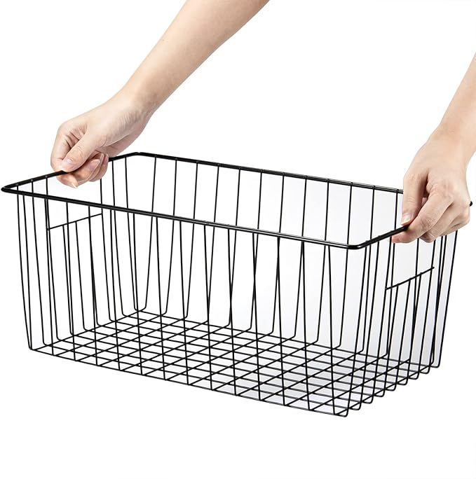 16" L x 12" W Wider Freezer Storage Organizer Baskets Container, Metal Wire Chest Upright Refrigerator Divider Bins with Built-in Handles for Cabinet, Pantry, Closet, Kitchen, Black