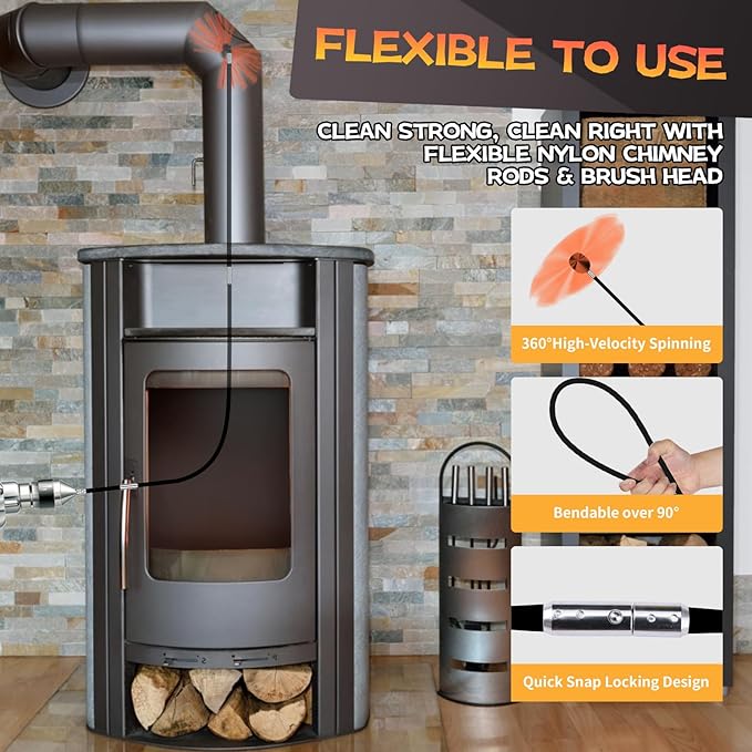 26 Feet Chimney Sweep Kit, Chimney Cleaning Kit with 8 Flexible Black Chimney Rods, Chimney Brush for Sweeping Fireplace, Rotary Chimney Cleaning System Driven by Drill