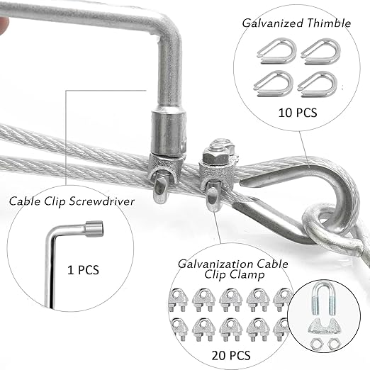 1/8" Wire Rope Kit, 100 Ft PVC Coated Steel Cable Guide Wire Tensioner Strainer Kit w/ 7×7 Strand Core Steel Wire for String Light Hanging Kit/Decking & Stair Railings/Shade Sails/Clothes Line