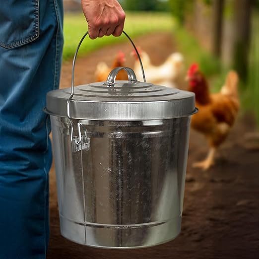 Plexon 6 Gallon Small Metal Trash Can with Locking Lid Galvanized Metal Bucket with Lid for Poultry Feed Bird Seed Storage Ash Outdoor Garbage Trash Bin 2 Pack