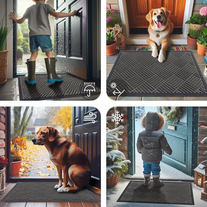 Smiry Front Door Mat Outside Entrance, Heavy Duty Outdoor Indoor Natural Rubber Doormat, Non Slip, Trap Dirt and Moisture, Easy Clean, Low Profile Patio Porch Entryway Mat, 59x23, Grey