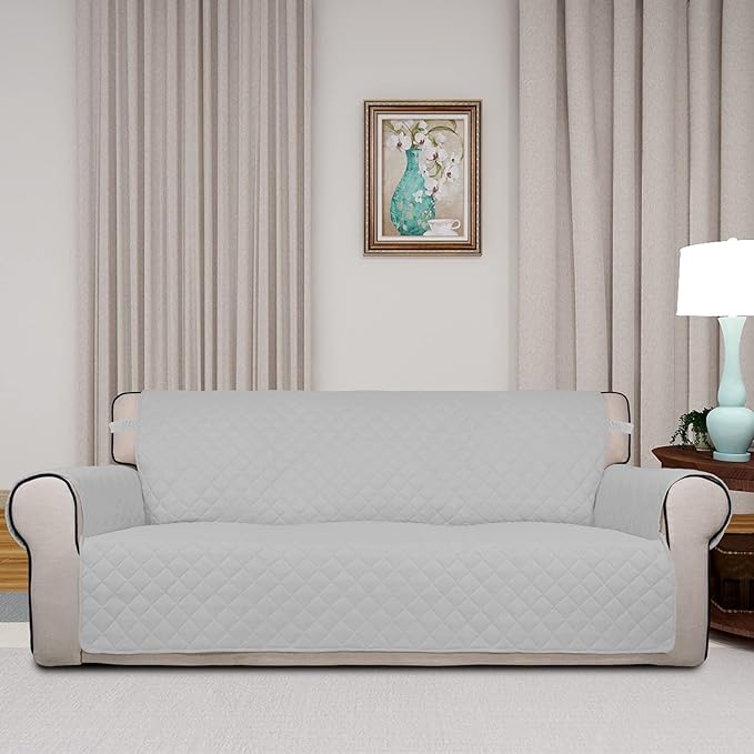 PureFit Reversible Quilted Sofa Cover, Water Resistant Slipcover Furniture Protector, Washable Couch Cover with Non Slip Foam and Elastic Straps for Kids, Pets (Sofa,Light Gray/Ivory) Large