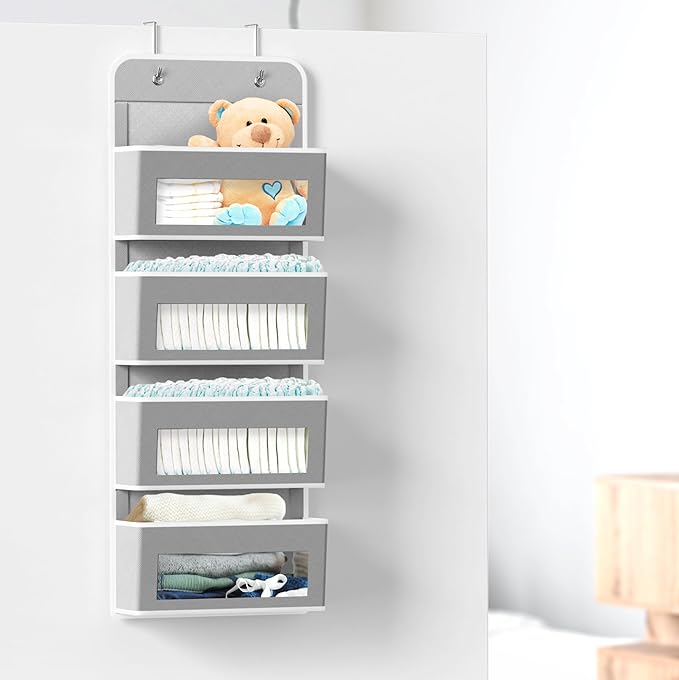 Simple Houseware 4 Clear Window Pocket Over Closet Door Storage Hanging Organizer for Bedroom, Bathroom, Pantry, Gray