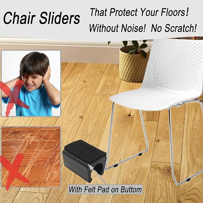 Rectangle U Shaped Chair Leg Tips Cap with Felt Pads,Furniture Feet Protectors Slide Smoothly Glides,Protect Hardwood Floor No Scratches No Noise,Fit 10mm(25/64inch) Diameter Tubular Legs (Black 8PCS)