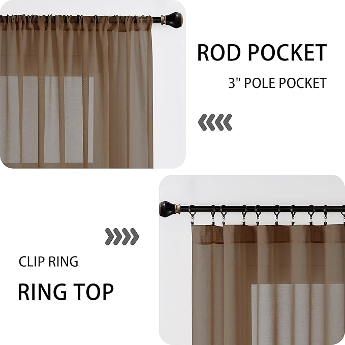 Tollpiz Sheer Door Curtain Closet Linen Textured Curtains Sheer Doorway Light Filtering Voile Patio Glass Door Rod Pocket Curtain French Door, 54 x 72 inches Long, Brown, Set of 1 Panel