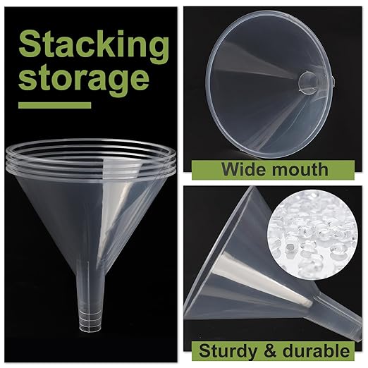 6 Pack Plastic Funnels, 4.6 Inch Multi-Purpose Clear Plastic Funnels with Long Reaching Spout for Science Lab Bottle Filling Liquid,Water Bottle,Easy and Smooth Transfer