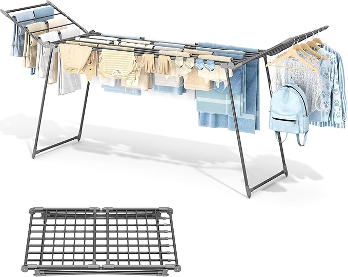 APEXCHASER Clothes Drying Rack Foldable, Large Drying Rack Clothing Retractable, Metal Clothes Airer for Bedding Towel Sweater Heavy Duty, Indoor Outdoor Use, 21.9"W x 100"L x 39"H, No Assembly, Grey
