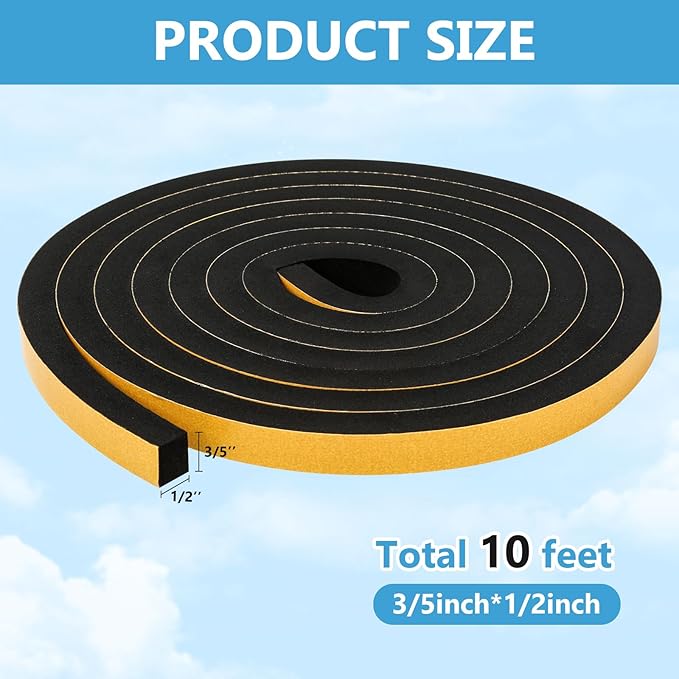 Black Weather Stripping Door Seal Strip (3/5 Inch X 1/2 Inch X 10Feet), Strong Adhesive, Lightproof, Soundproof, Weatherproof Foam Tape Insulation for Sliding Door, Front Door Frame, Windows