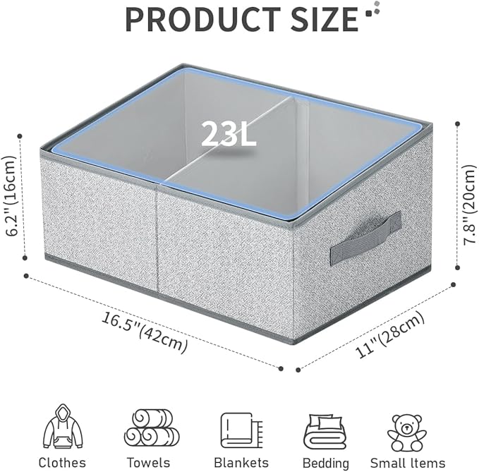 DIMJ Large Closet Shelf Organizer Bins 6 Packs with Handles and Divider, Fabric Trapezoid Storage Baskets, Foldable Clothes Containers Box for Shelf, Towel, Book, Toy, Purse, Hats, Grey