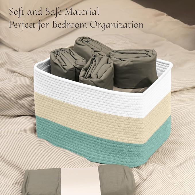 Hopegiver Woven Storage Baskets 15x11x10 Inch, 1 Pack Collapsible Cube Storage Bin for Shelves - Foldable Cotton Rope Organizer Bins for Towels, Toys, Books, Closet, Nursery (White Cream Green)