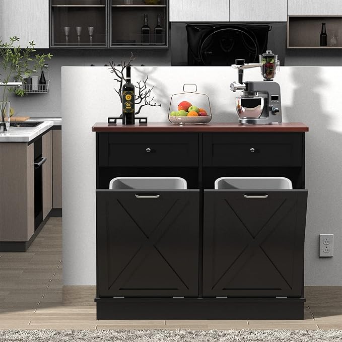 Betterhood Double Tilt Out Trash Cabinet 20 Gallon Wooden Free Standing Laundry Sorter Cabinet,Recycling Cabine with Hideaway Drawer,Tilt Out Trash Cabine Can Bin Kitchen (Black)