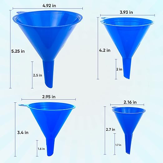 Funnel 4-Pack Funnels for Kitchen Use Filling Bottles - Food-Grade Plastic, Funnels for Automotive Use, Mess-Free Filling, funnels for Filling Bottles, Sizes (122, 101, 76 & 50mm)