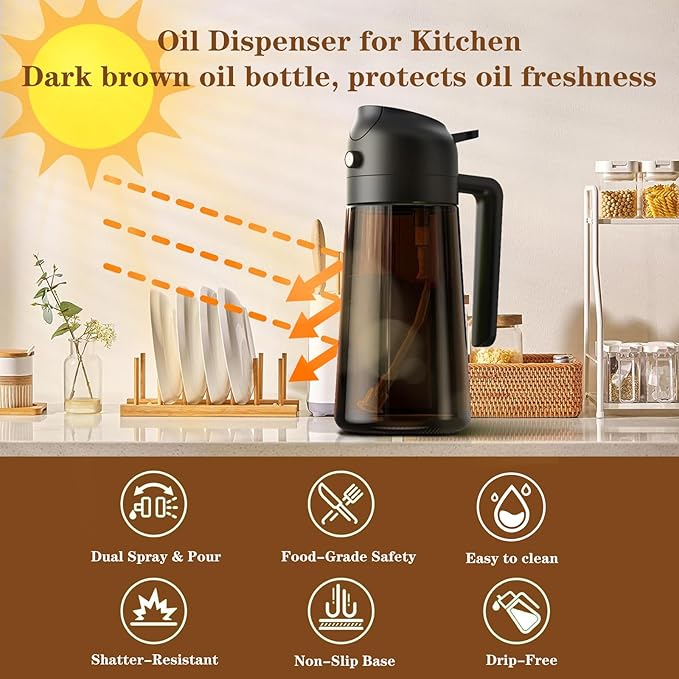 2-in-1 Glass Oil Dispenser & Sprayer - 16oz/470ml Leakproof Olive Oil Sprayer Bottle for Cooking, Air Fryer, BBQ, Baking, Salad (Green)