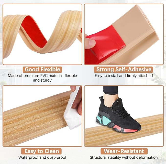 Vinyl Door Threshold Flooring Transition Strip Self Adhesive Carpet Edging Strip for Laminate Doorway Edge Threshold from 3/5" to 4/5" (Light Yellow Wood Grain, 10 Ft)