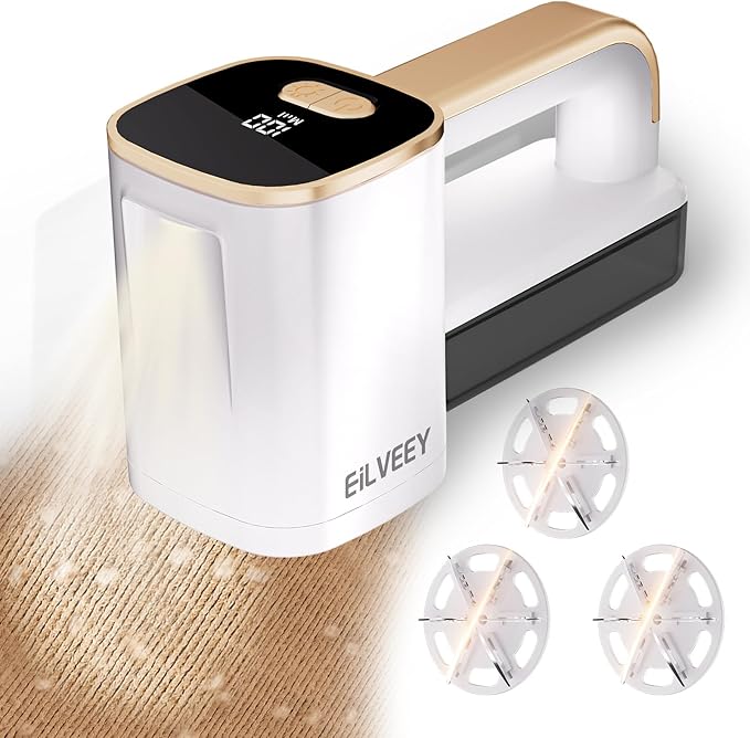 Rechargeable Lint Remover, Fabric Shaver Fuzz Remover, Sweater Shavers with 6-Leaf Blades, 3-Speeds Digital LED Display to Remove Pilling for Clothing and Furniture, Lint Ball, White