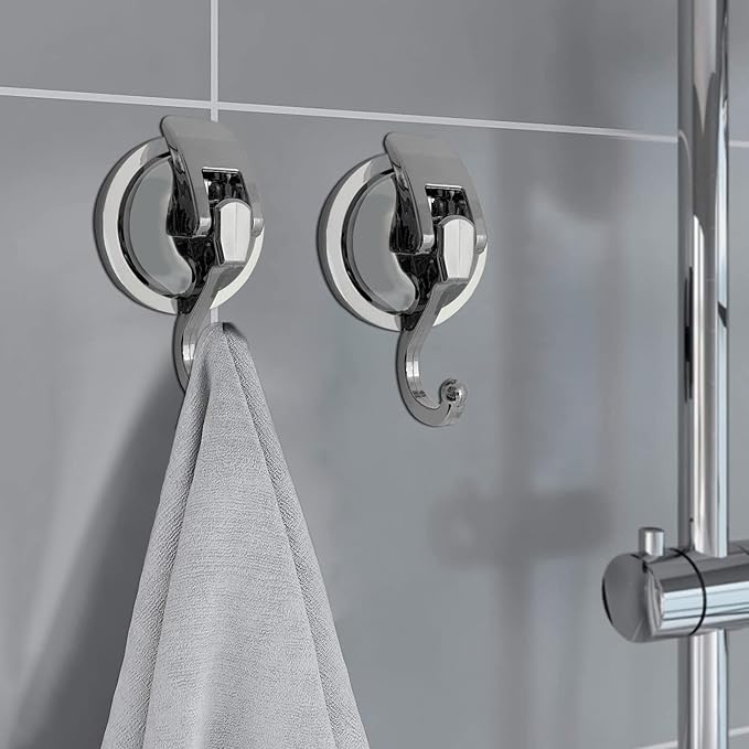 Heavy Duty Suction Cup Hooks for Shower, Bathroom Robe - Vacuum Glass Hooks, Reusable, No Hole Punched, for Garland Decoration (Silver, 2 Pack)