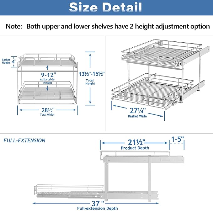 ROOMTEC Individual Pull Out Cabinet Organizer (28½" W x 21½" D), 2 Tier Spice Rack Organizer for Cabinet, Slide Out Drawer Pantry Shelf Organization and Storage for Kitchen Bathroom