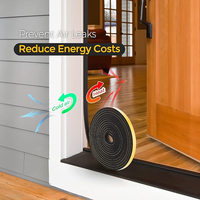 16.5 Feet Weather Stripping Door Seal, 1" Wide X 3/8" Thick Door Seal Strip High Density Foam Tape Adhesive Strip for Door Soundproofing,Window Insulation (1" x 3/8" x 16.5FT,Black)