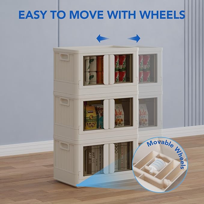 FLEXIMOUNTS 150 QT Stackable Storage Bins With Lids, Collapsible Plastic Storage Bins, Closet Organizers and Storage Containers with Doors and Built-in Wheels For Home, 4 Pack Cubes, Milky White