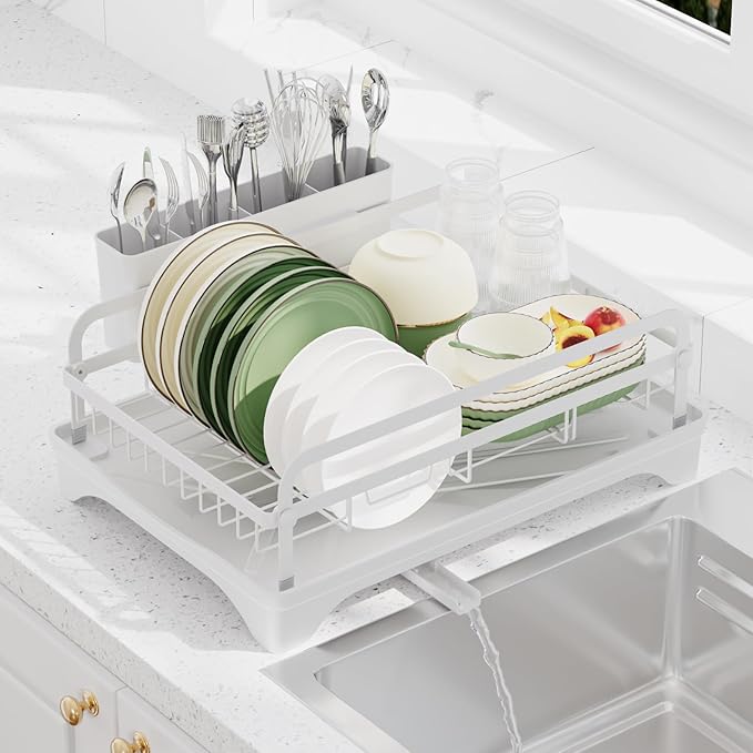 Dish Drying Rack for Kitchen Counter - Large Capacity Dish Drying Rack with Drainboard, Kitchen Sink Dish Rack, Countertop Dish Drainer Rack with Cutlery Holders Dish Dryer Rack White