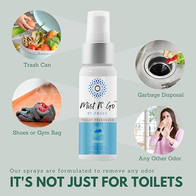 Mist N’ Go by Omaze Travel Bathroom Spray for Toilet Spray Odor Eliminator - Travel Toilet Spray for Bathroom Air Freshener Spray for Bathroom Deodorizer - Dream Regular Size (2oz x2)