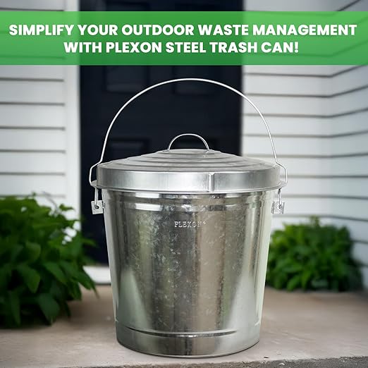 Plexon 10 Gallon Trash Can with Locking Lid Galvanized Metal Bucket for Poultry Feed Bird Seed Storage Ash Outside Garbage Can with Lid, 3 Pack