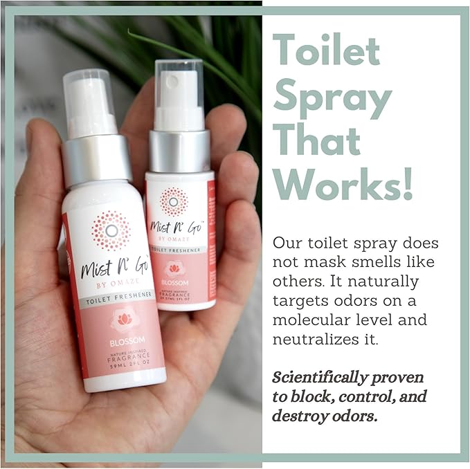 Mist N’ Go by Omaze Travel Bathroom Spray for Toilet Spray Odor Eliminator - Travel Toilet Spray for Bathroom Air Freshener Spray for Bathroom Deodorizer - Blossom Travel Size (1oz x2)