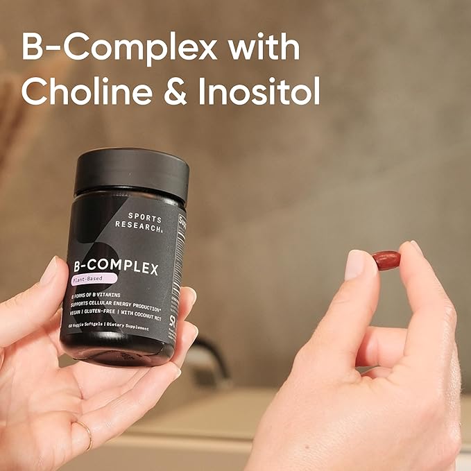 Sports Research® Vitamin B-Complex - Full Spectrum of B Vitamins with Methylated B12 & Folate - Gluten Free · Plant-Based · Non-GMO · Vegan-Friendly Formula - 120 Veggie Softgels
