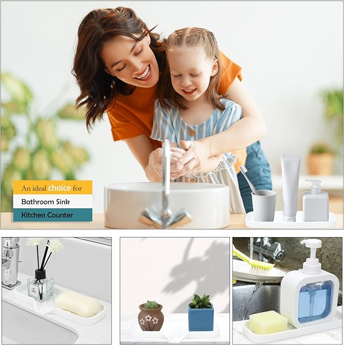 Silicone Bathroom Soap Dishes, Sponge Holder for Kitchen Sink, Shower Soap Holder with Drain, Soap Dispenser Tray, Soap Dish for Bottle, Cup, Sink or Counter Organizer - White 9" x 3.15"