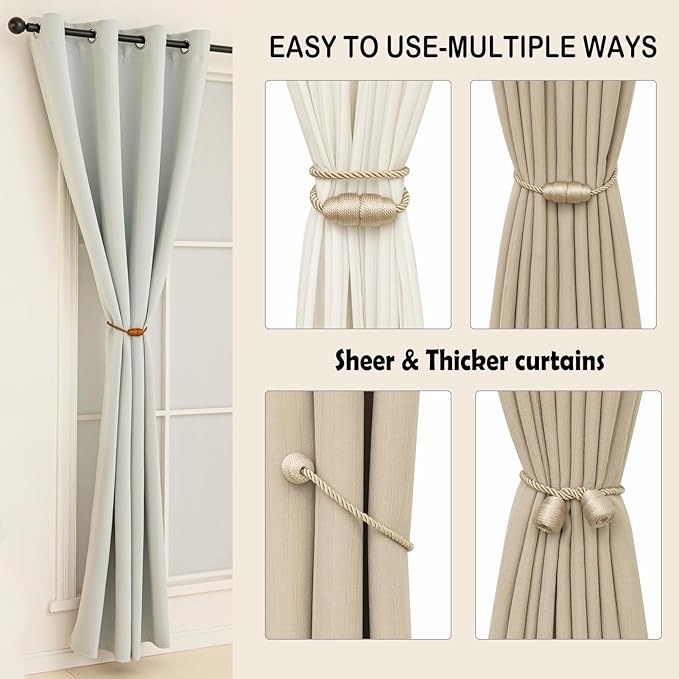 Magnetic Curtain Tiebacks - Rope Tiebacks for Curtains & Drapes, Decorative Window Holdbacks (6 Pack, Beige)