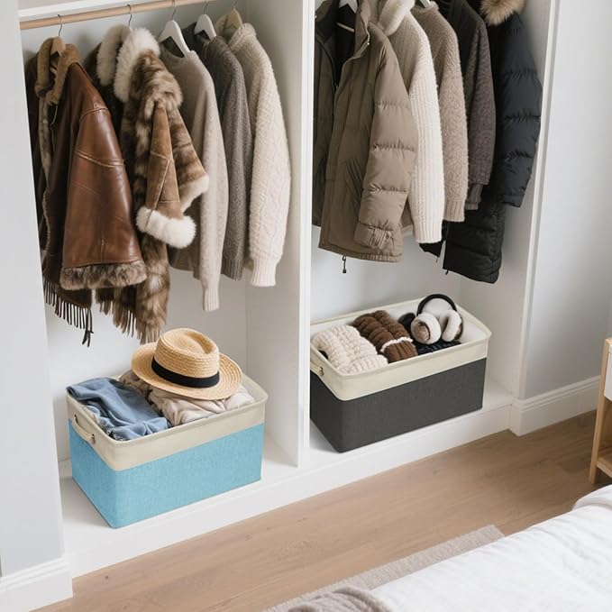 BALEINE 3 Pack Fabric Storage Bins for Shelves, Linen Storage Baskets for Organizing, Decorative Closet Bins for Clothes, Home (Navy Blue, 15"x11"x9.5")