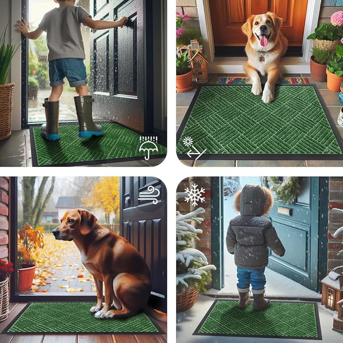 Smiry Front Door Mat Outside Entrance, Heavy Duty Outdoor Indoor Natural Rubber Doormat, Non Slip, Trap Dirt and Moisture, Easy Clean, Low Profile Patio Porch Entryway Mat, 47x32, Green