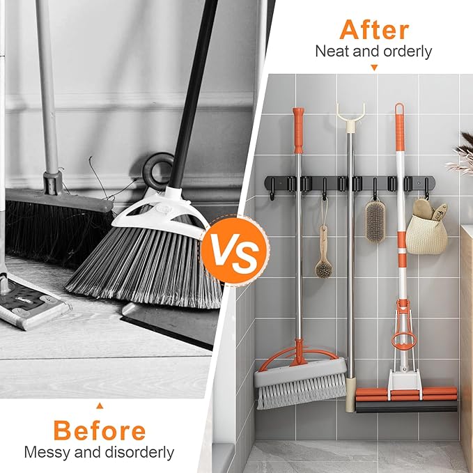 2 Pack Mop and Broom Holder Wall Mount, Non-slip Broom Hanger Wall Mount, Heavy Duty Mop Broom Organizer for Kitchen Garden Garage Laundry Room Wall Decor Organization and Storage Black 5R4H
