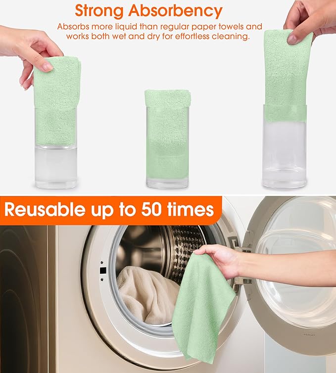 Roll of Microfiber Cleaning Cloth –100 Pack, Tear Away Microfiber Towels, Reusable, Washable, Scratch-Free, Cleaning Supplies,Kitchen Towels for Car, Home, Kitchen, Dishes(Bean Green)