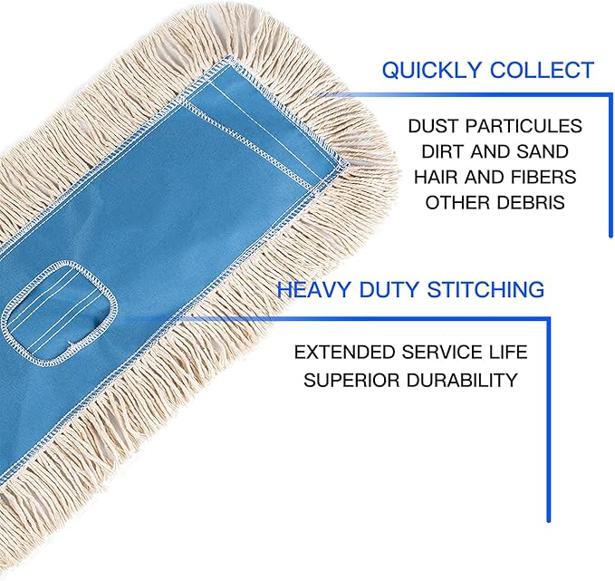 Matthew Cleaning 24'' Industrial Strength Cotton Dust Mop Refill Washable Replacement Heads for Residential & Commercial Use Fit Standard Dust Mop Frames, Hardwood,Concrete Floors Blue&White 1 Pack