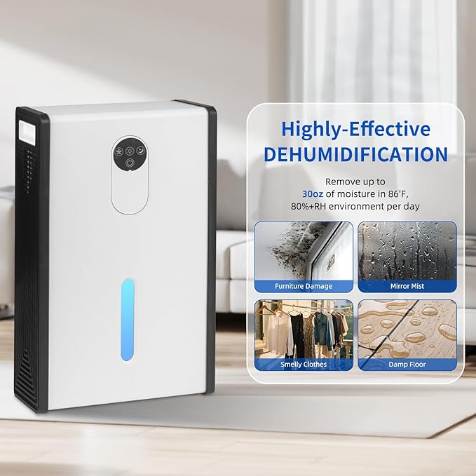 Dehumidifier for 1076 sq.ft,Quiet Portable Moisture Absorber with Auto Shut Off,Auto Defrost,72 OZ Water Tank,Drain Hose,7 Color LED Light,Sleep Mode for Basement Home Bedroom Bathroom RV