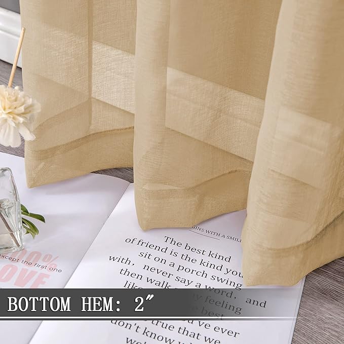 Tollpiz Sheer Curtains Linen Textured Bedroom Curtain Sheers Light Filtering Rod Pocket Voile Curtains for Living Room, 54 x 63 inches Long, Beige, Set of 2 Panels