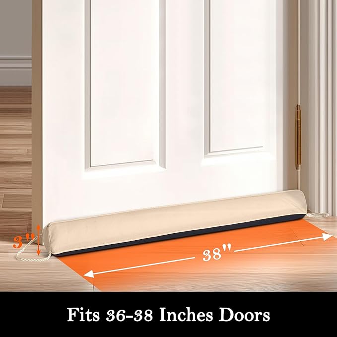 Sunolga 38" Door Draft Stopper Blocks Hot and Cold Air with Removable Washable Cover for Gaps Up to 3", All-Season Seal for Noise, Door Sweep for Bottom of Door and Window, Home Essentials, Beige