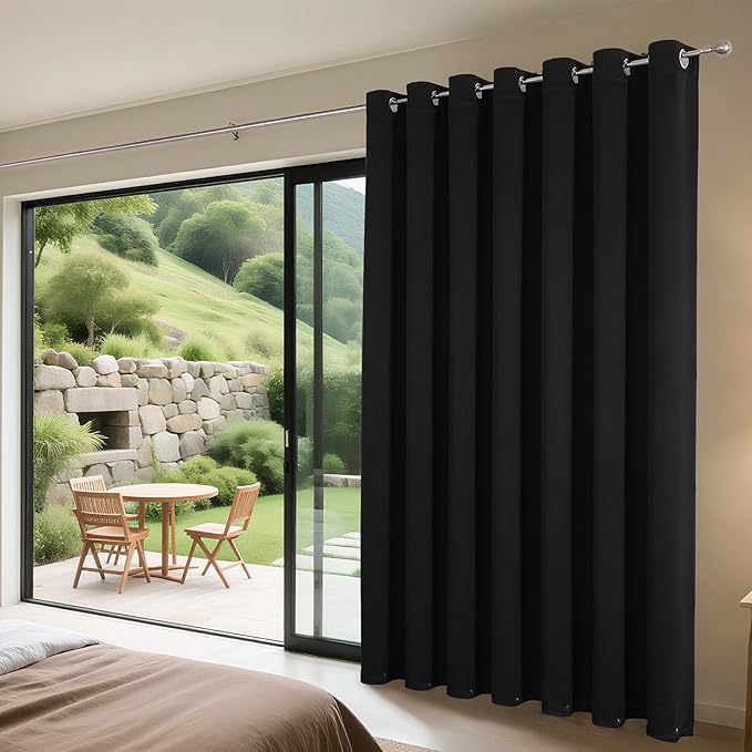 Joydeco Blackout Patio Sliding Door Curtains 96 Inches Long, Grommet Privacy Room Divider Curtains, Extra Wide Thermal Blackout Drapes for Bedroom Living Room (Black, 100Wx96L, 1 Panel)