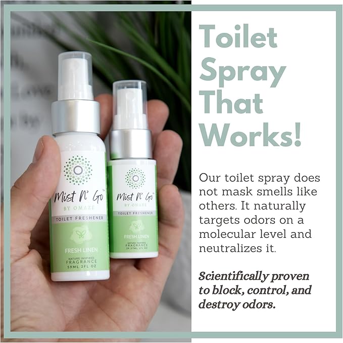 Mist N’ Go by Omaze Travel Bathroom Spray for Toilet Spray Odor Eliminator - Travel Toilet Spray for Bathroom Air Freshener Spray for Bathroom Deodorizer - Fresh Linen Regular Size (2oz x2)